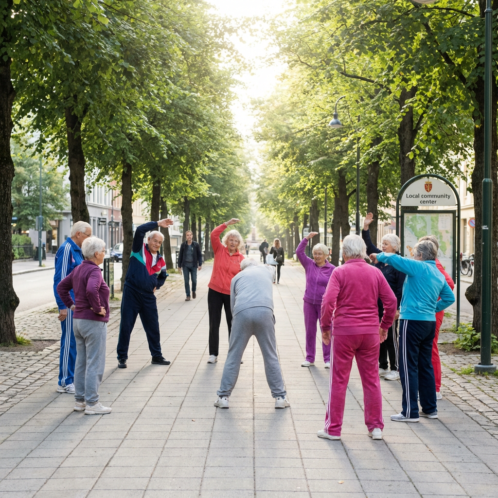Elderly people stretching and doing group exercises outdoors in an urban tree-lined walkway