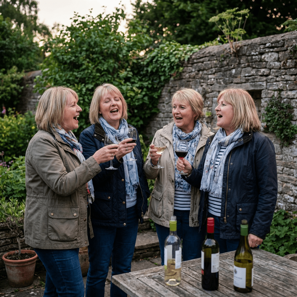 Four women standing outdoors holding wine glasses and toasting.