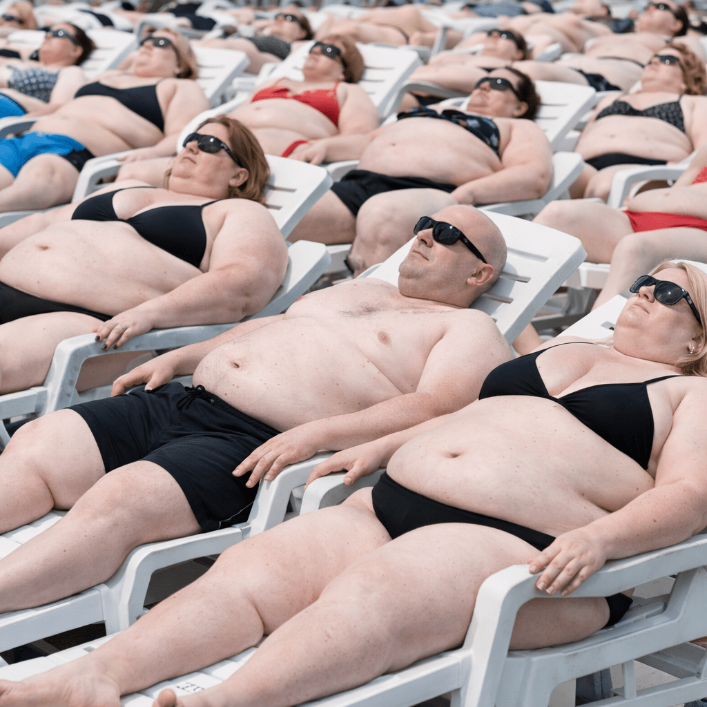 Multiple people lying on white lounge chairs sunbathing wearing sunglasses and swimsuits
