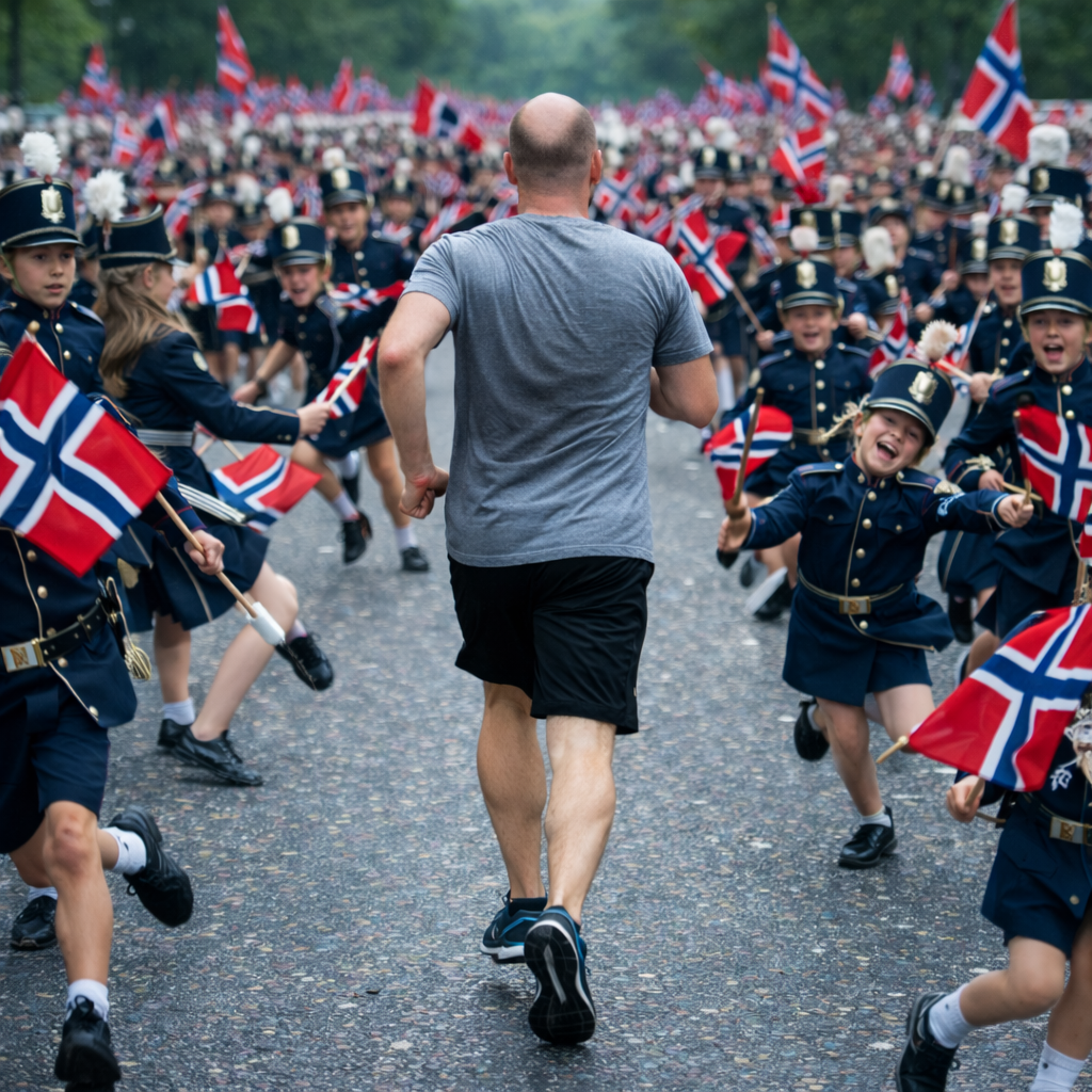 Man running past marching band and cheerleader at parade with American flags