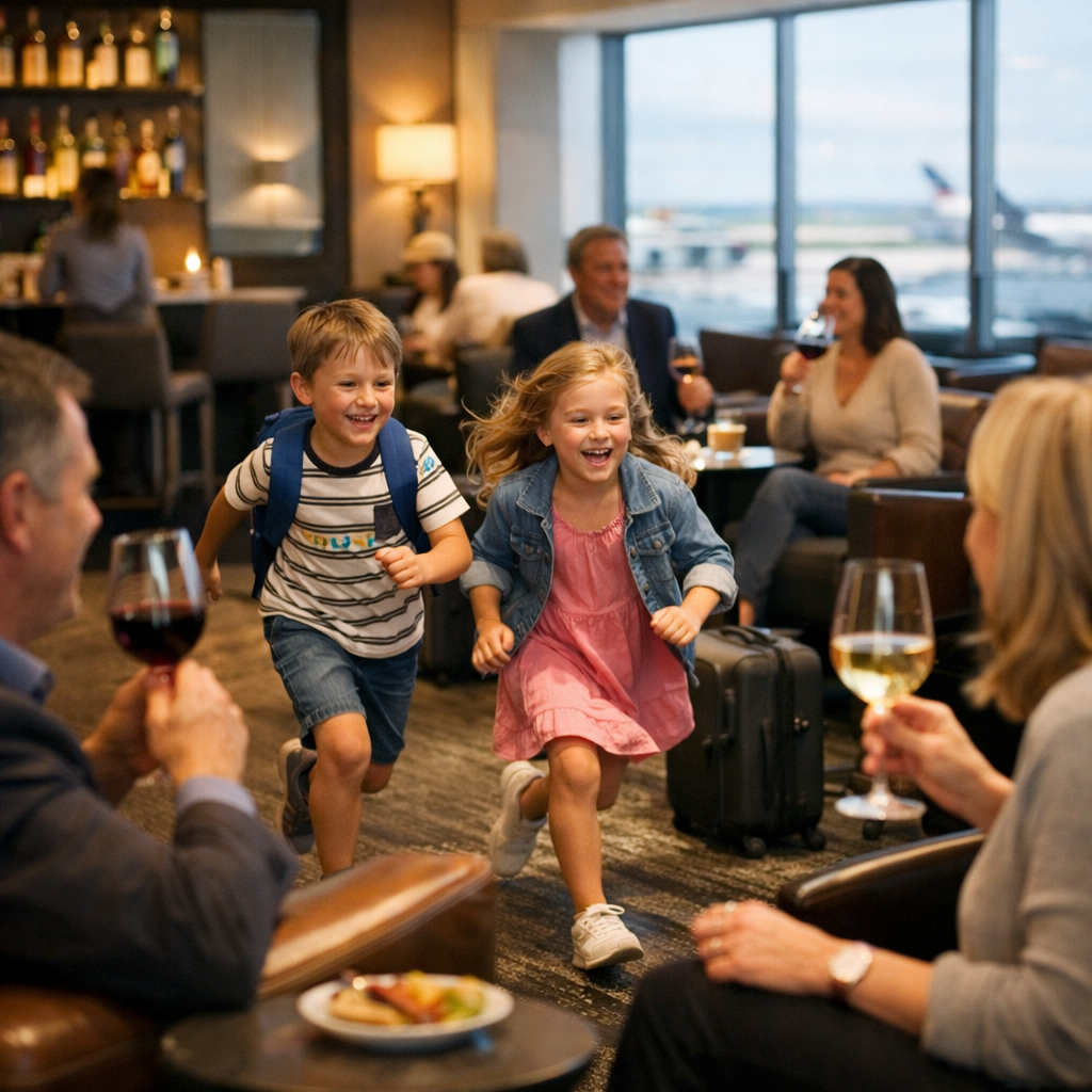 Two children running happily toward adults seated with drinks in an airport lounge