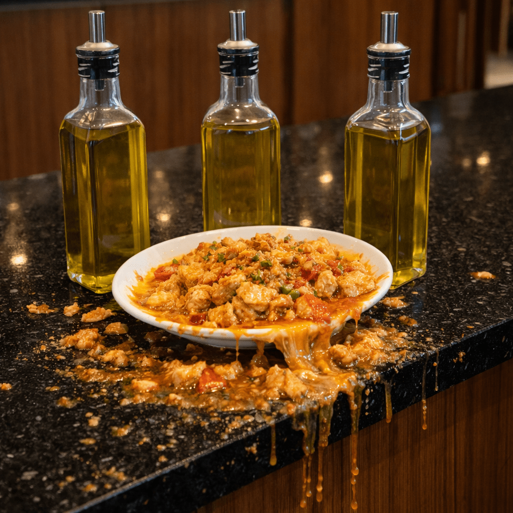 Buffet tray with spilled food including chicken curry on a black countertop
