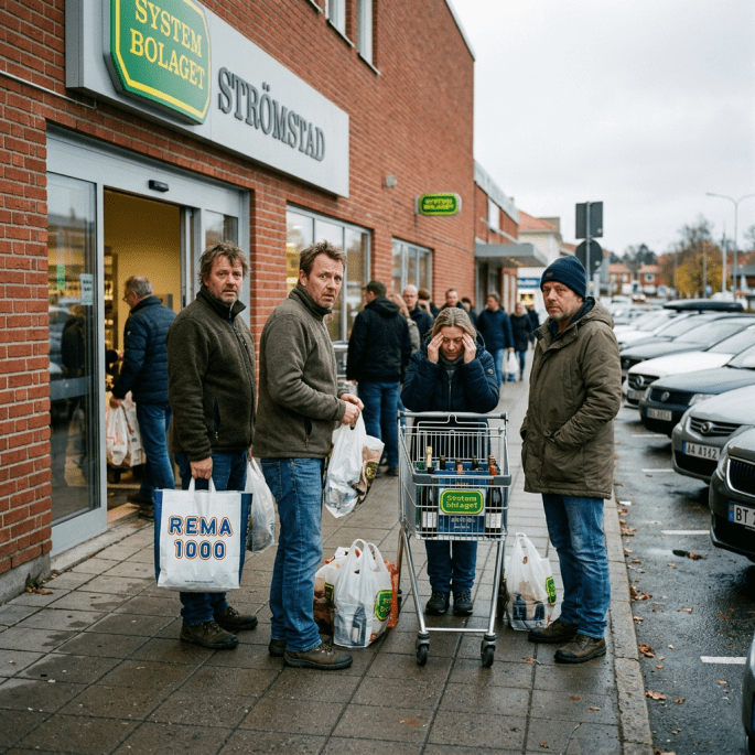 People standing outside Systembolaget store with shopping bags and cart.
