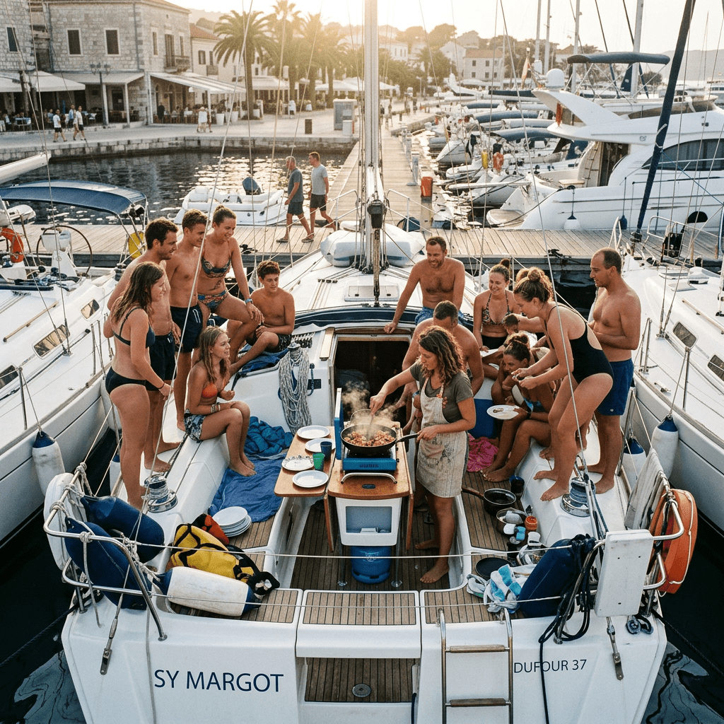 Overcrowded Dufour 37 cooking at dock