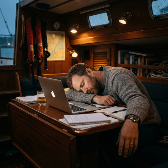 Tired writer falling asleep over laptop sailboat cabin