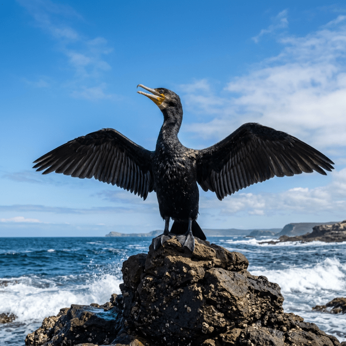 Black cormorant bird with wings spread standing on coastal rock near ocean waves