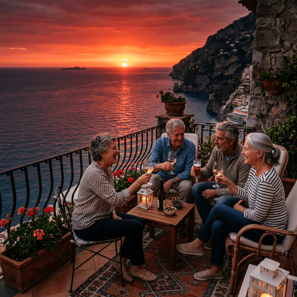Four older adults sitting on terrace with drinks overlooking ocean sunset