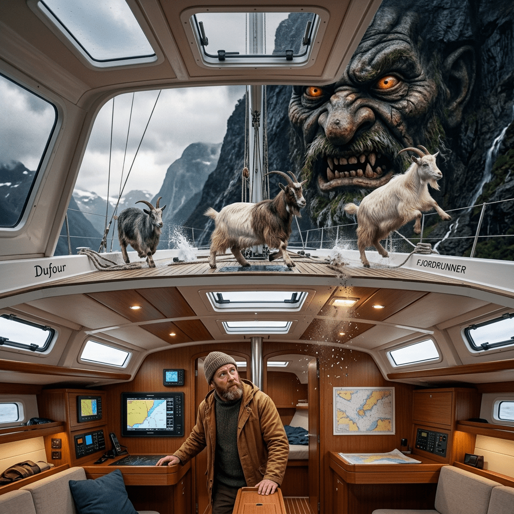 Man navigating wooden sailboat with goats in fjord under giant troll face on cliff