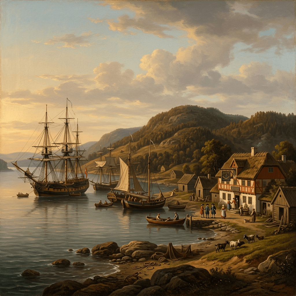 Coastal village with sailing ships docked and people on shore in Norway
