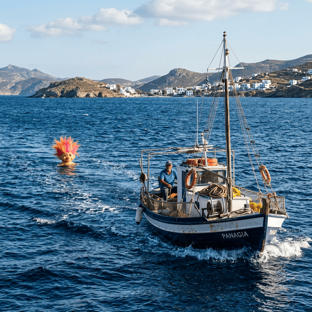 Fishing boat named PANAGIA passes a colorful troll in Greek island waters