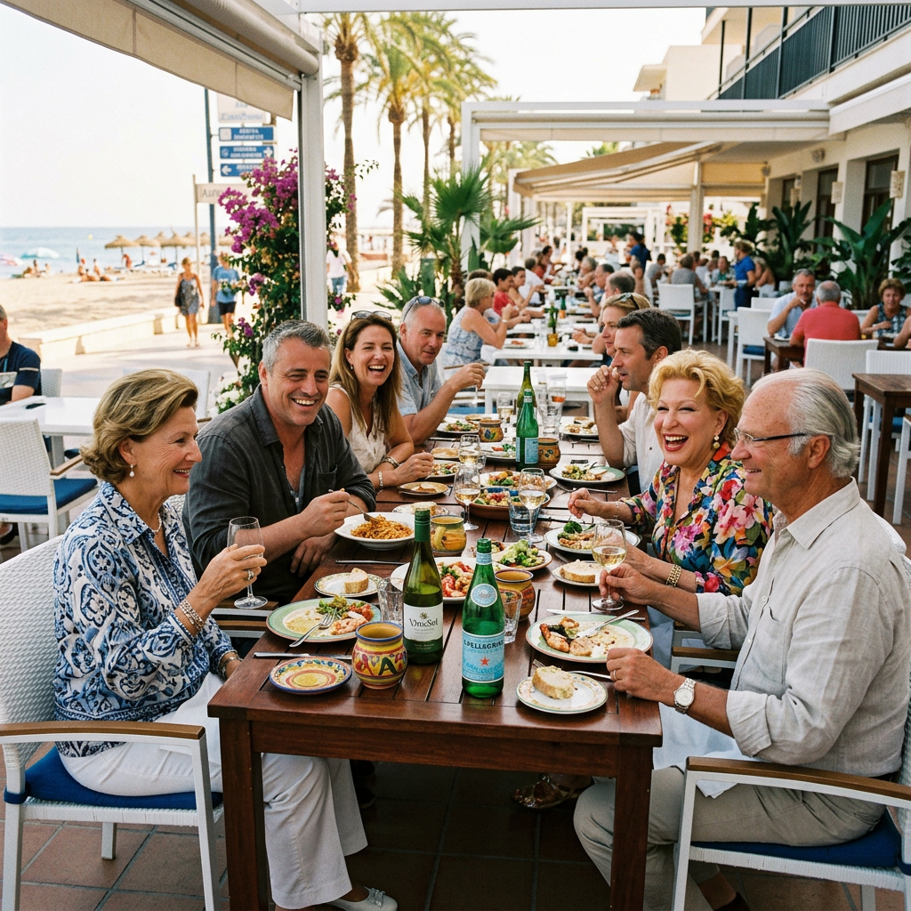 Friends dining together at a beachfront restaurant with food and drinks